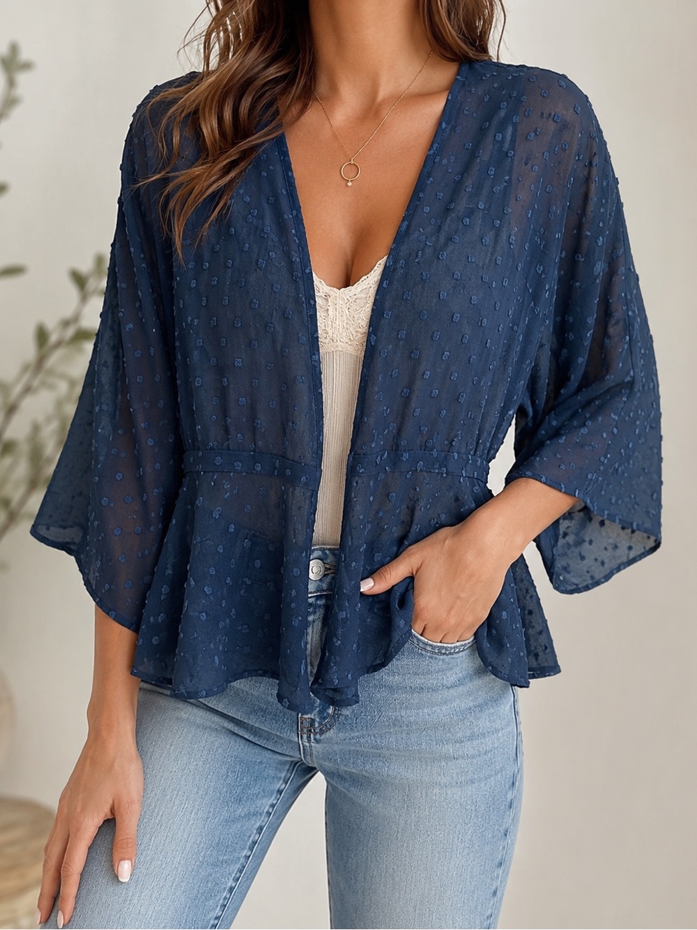 LC Lauren Conrad Navy Swiss Dot Sheer Peplum Kimono Blouse NWT